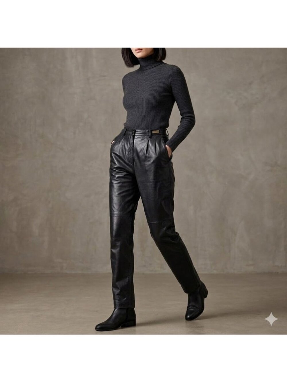Vintage Anne Klein II Black Leather High-Waisted Trousers Heavy Size 8